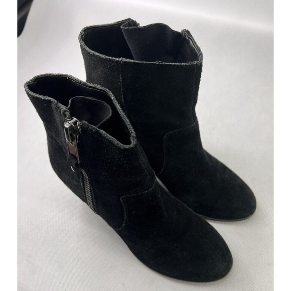 Franco Sarto Womens 6.5M Yogi Black Suede Metallic Heel Ankle Boots Side Zip - Picture 3 of 8